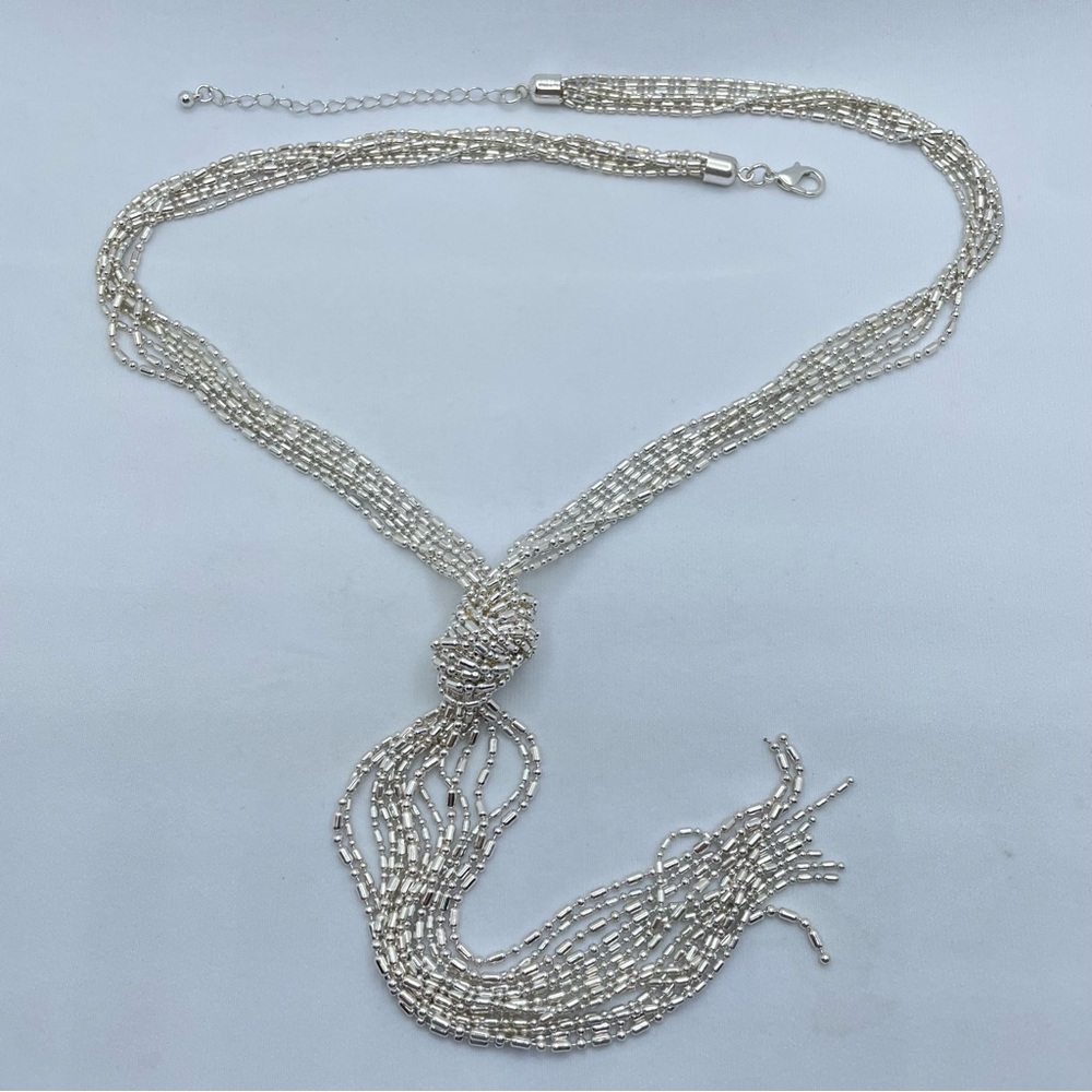Silver Tone Plated Multi Strand Beaded Chain Necklace Knot Tassel Statement